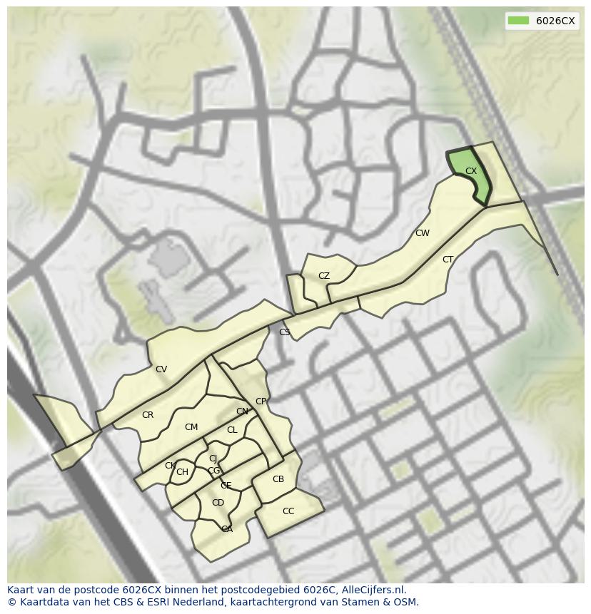 Afbeelding van het postcodegebied 6026 CX op de kaart.