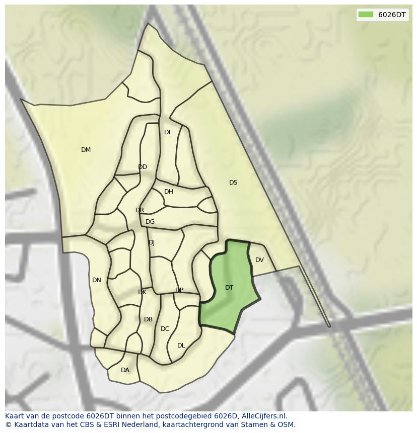 Afbeelding van het postcodegebied 6026 DT op de kaart.