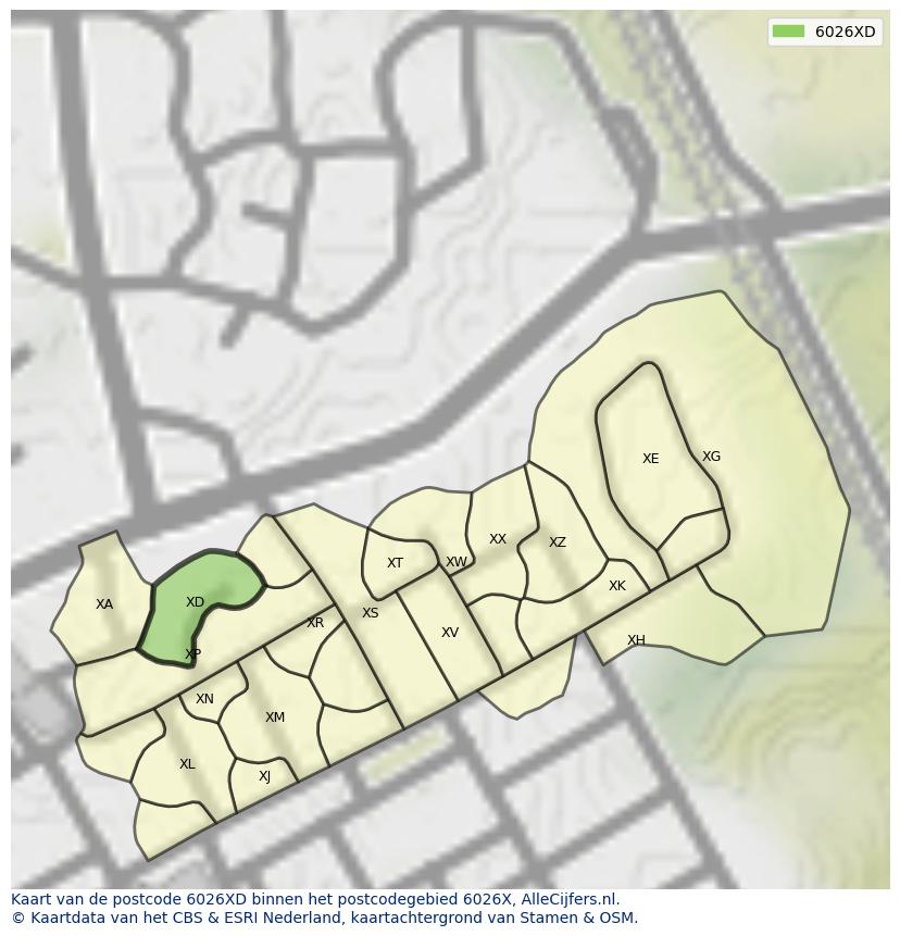 Afbeelding van het postcodegebied 6026 XD op de kaart.