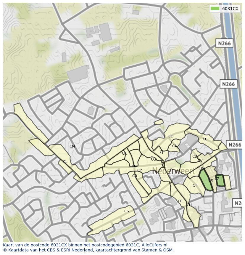 Afbeelding van het postcodegebied 6031 CX op de kaart.