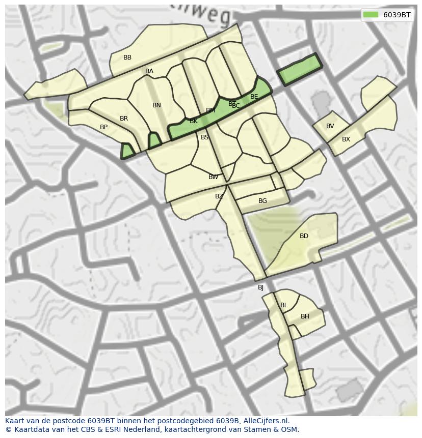 Afbeelding van het postcodegebied 6039 BT op de kaart.