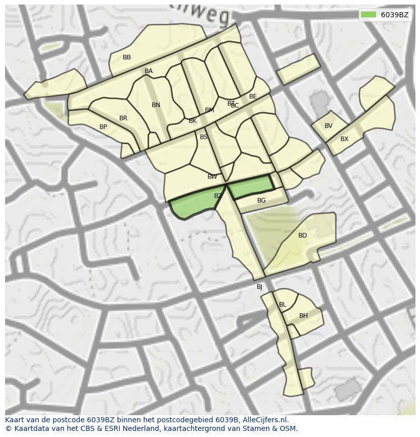 Afbeelding van het postcodegebied 6039 BZ op de kaart.