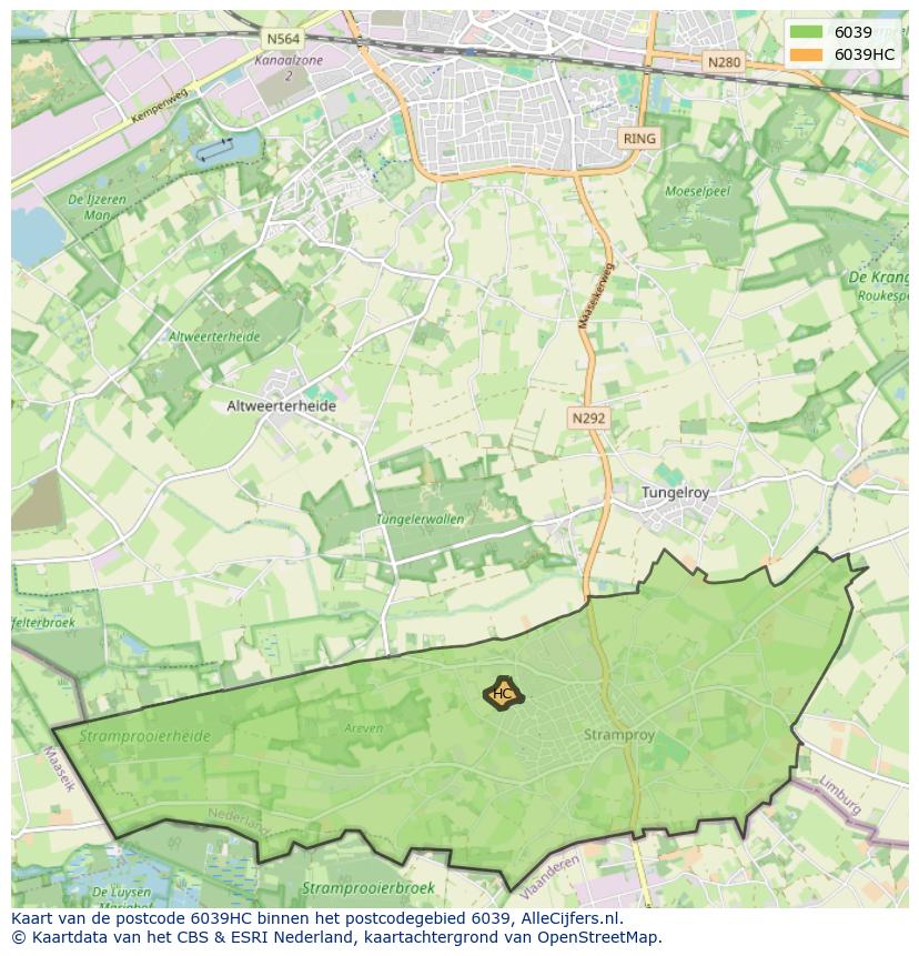 Afbeelding van het postcodegebied 6039 HC op de kaart.