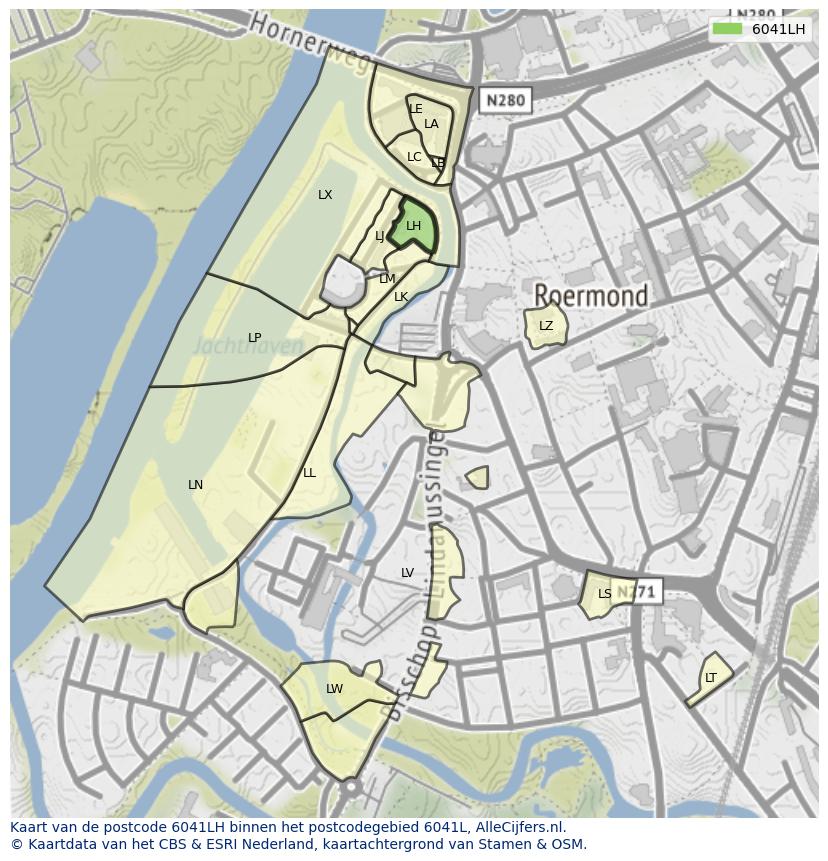 Afbeelding van het postcodegebied 6041 LH op de kaart.