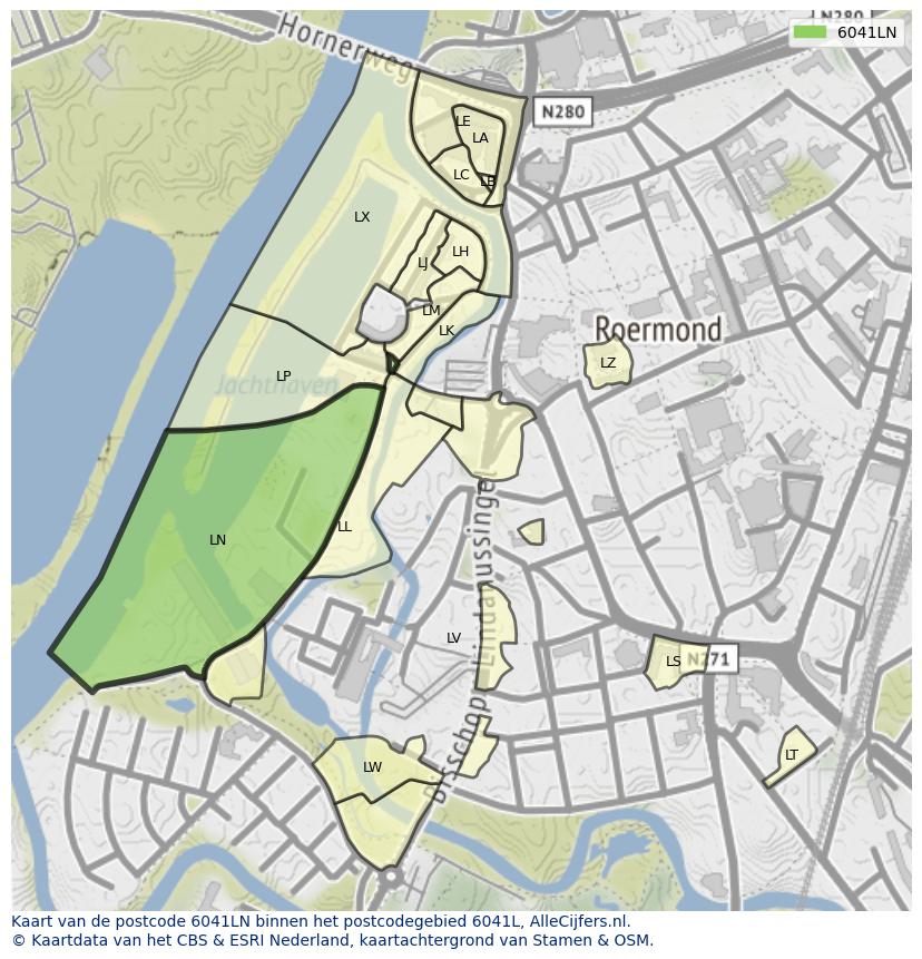 Afbeelding van het postcodegebied 6041 LN op de kaart.