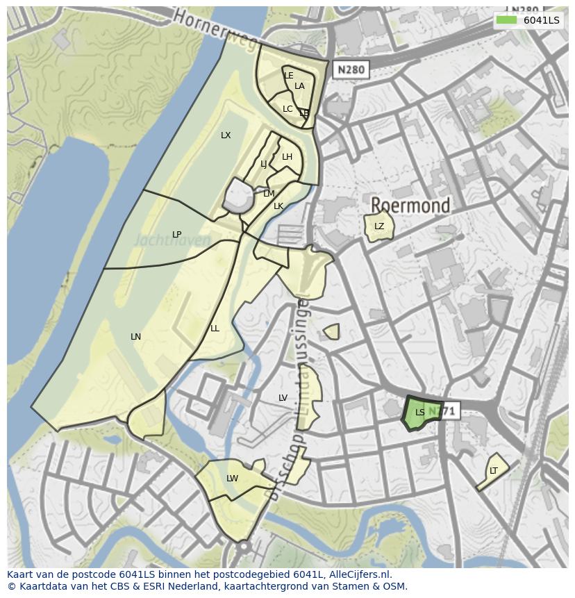 Afbeelding van het postcodegebied 6041 LS op de kaart.