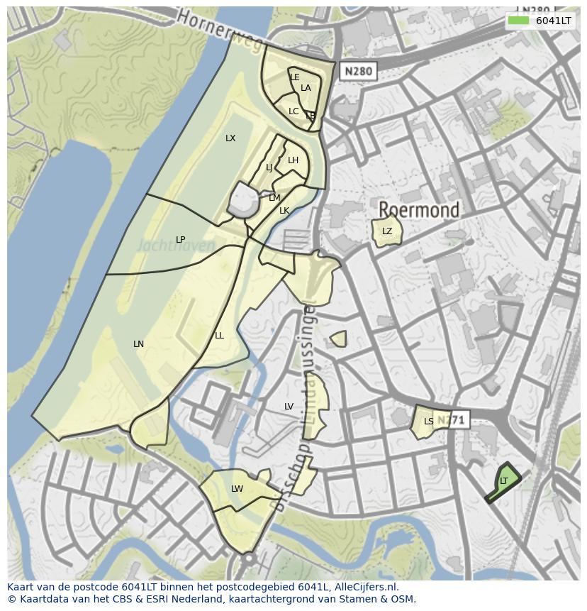 Afbeelding van het postcodegebied 6041 LT op de kaart.