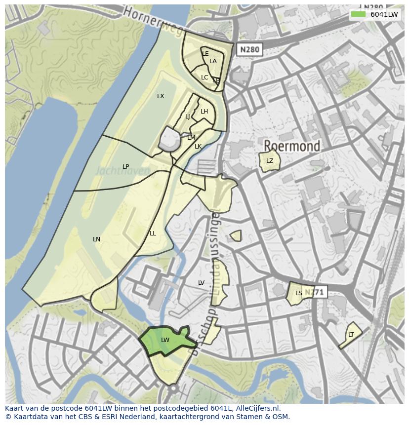 Afbeelding van het postcodegebied 6041 LW op de kaart.
