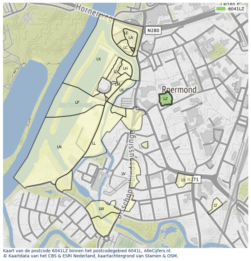 Afbeelding van het postcodegebied 6041 LZ op de kaart.
