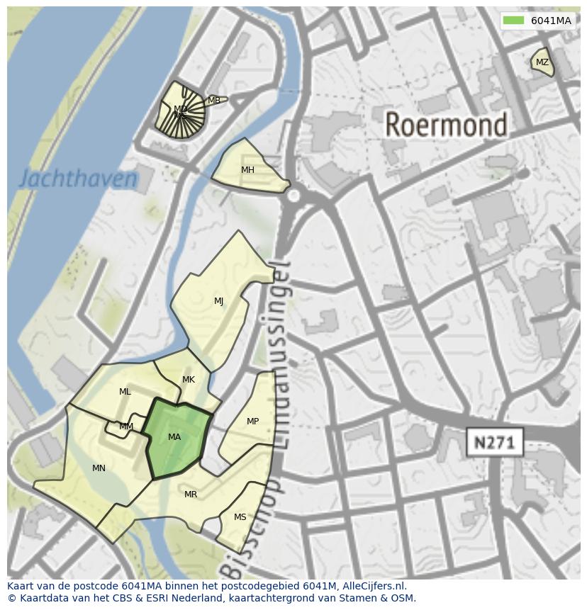 Afbeelding van het postcodegebied 6041 MA op de kaart.