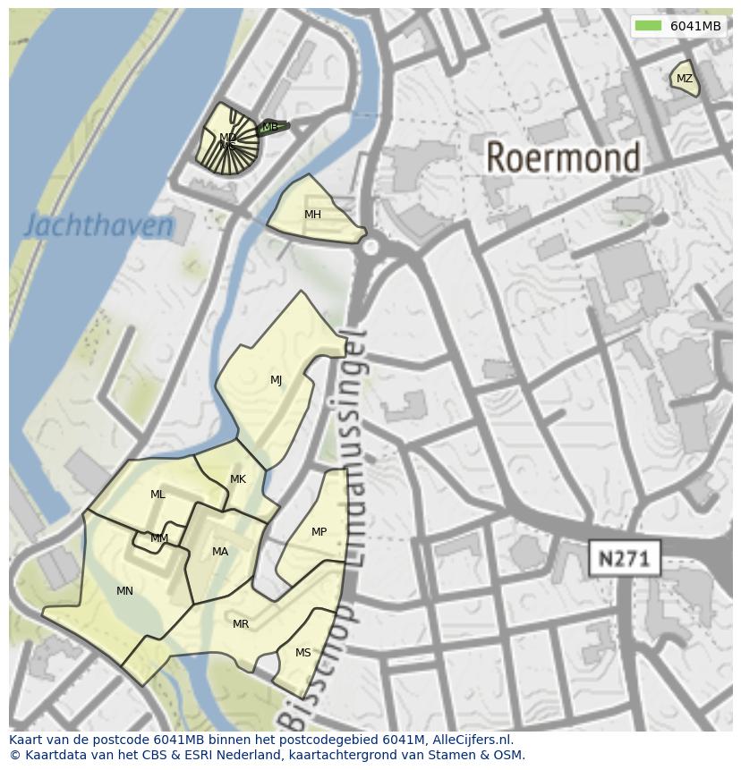 Afbeelding van het postcodegebied 6041 MB op de kaart.
