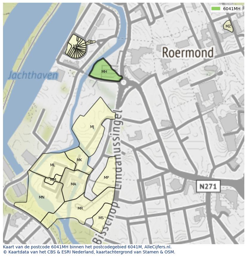 Afbeelding van het postcodegebied 6041 MH op de kaart.