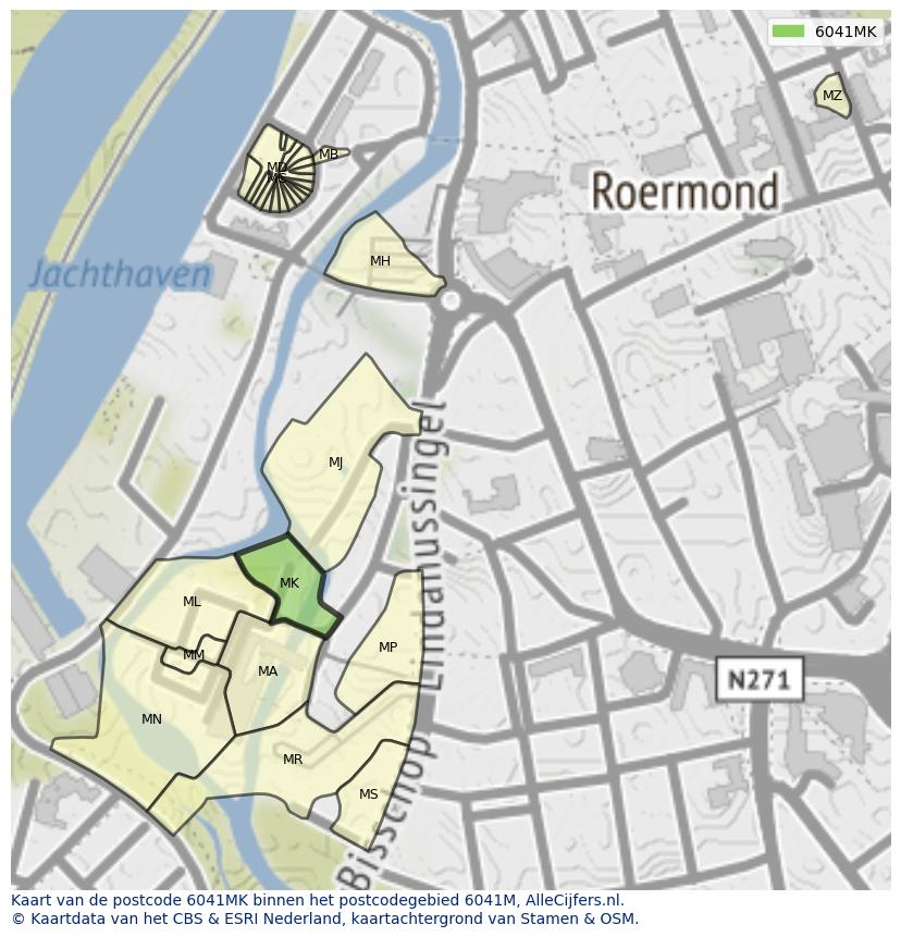 Afbeelding van het postcodegebied 6041 MK op de kaart.