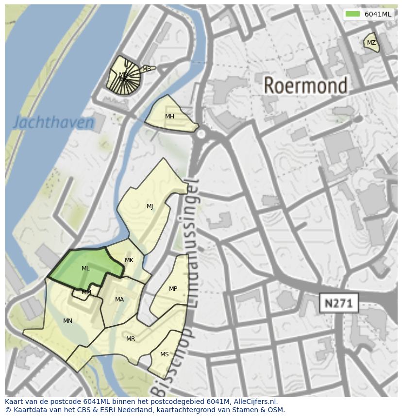 Afbeelding van het postcodegebied 6041 ML op de kaart.