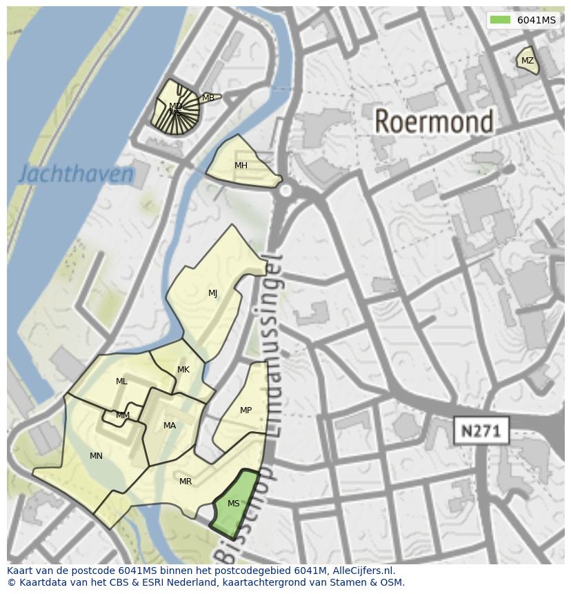 Afbeelding van het postcodegebied 6041 MS op de kaart.