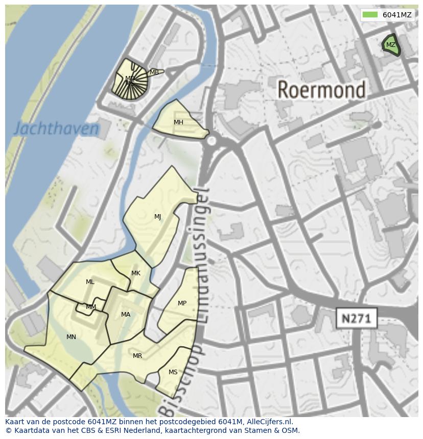 Afbeelding van het postcodegebied 6041 MZ op de kaart.