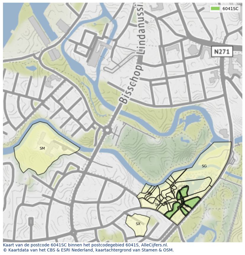 Afbeelding van het postcodegebied 6041 SC op de kaart.