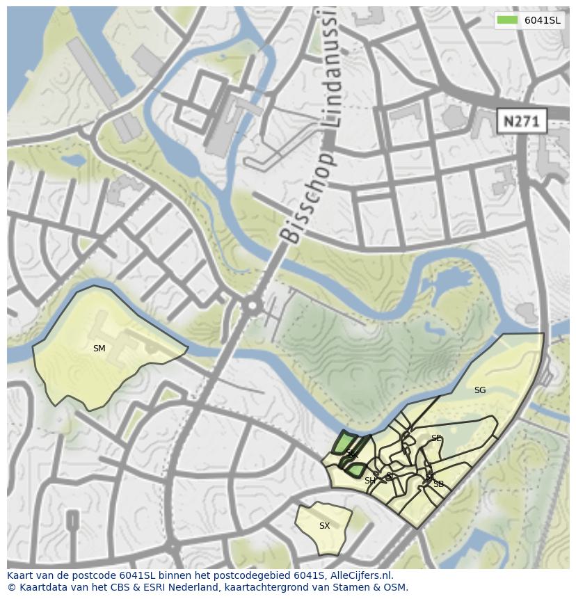Afbeelding van het postcodegebied 6041 SL op de kaart.