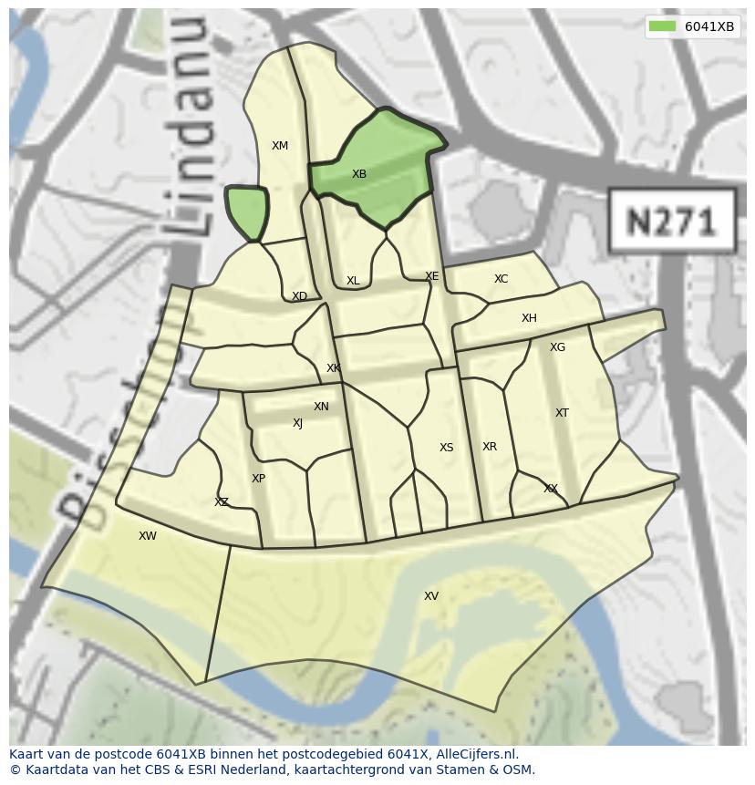 Afbeelding van het postcodegebied 6041 XB op de kaart.