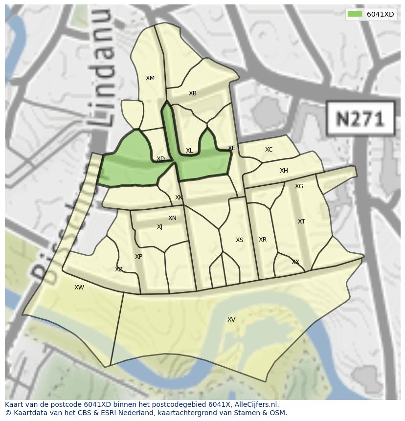 Afbeelding van het postcodegebied 6041 XD op de kaart.