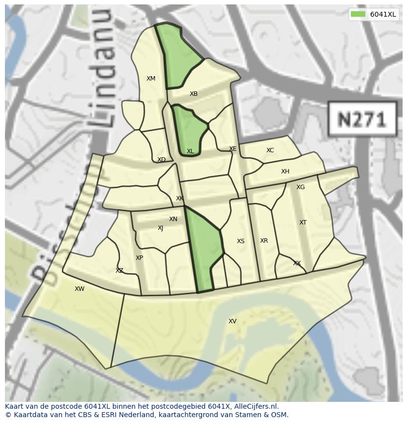 Afbeelding van het postcodegebied 6041 XL op de kaart.