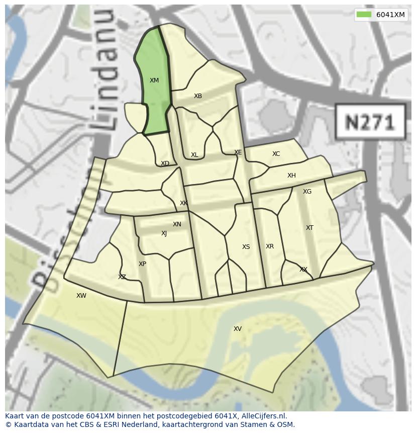 Afbeelding van het postcodegebied 6041 XM op de kaart.