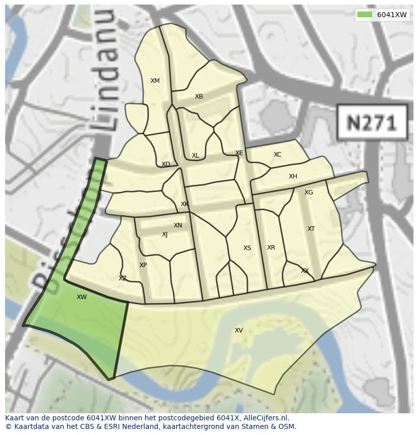 Afbeelding van het postcodegebied 6041 XW op de kaart.