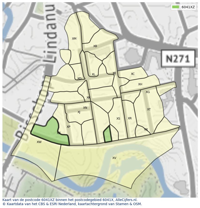 Afbeelding van het postcodegebied 6041 XZ op de kaart.