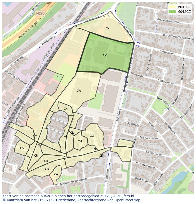 Afbeelding van het postcodegebied 6042 CZ op de kaart.