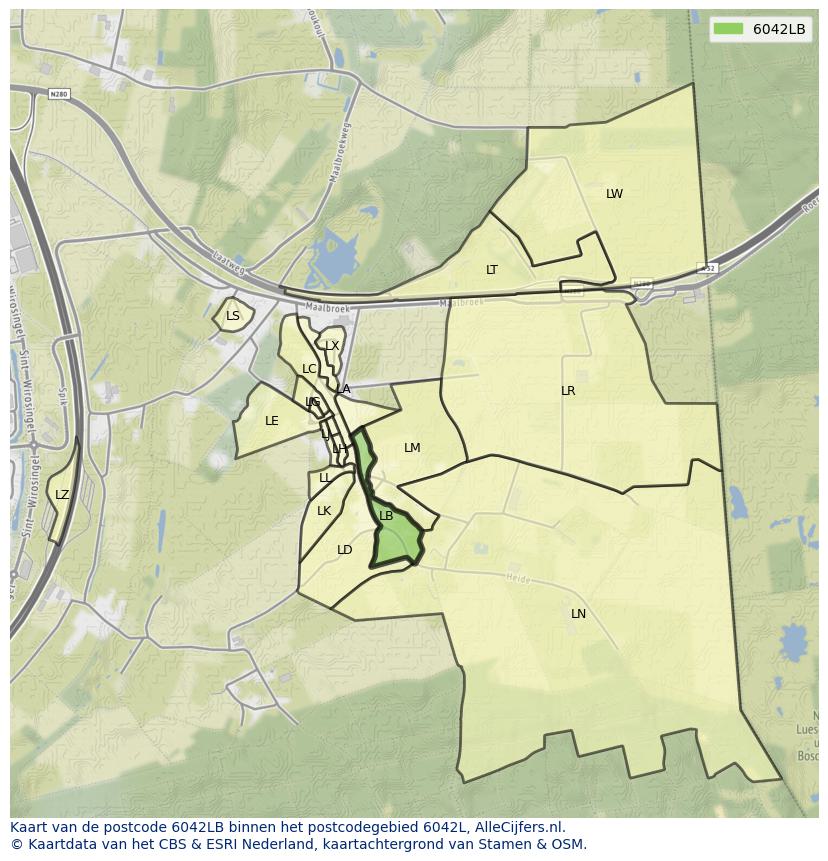 Afbeelding van het postcodegebied 6042 LB op de kaart.