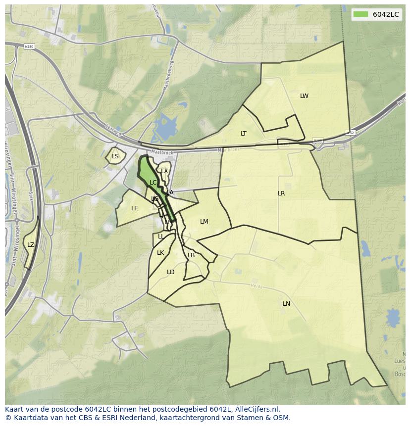 Afbeelding van het postcodegebied 6042 LC op de kaart.