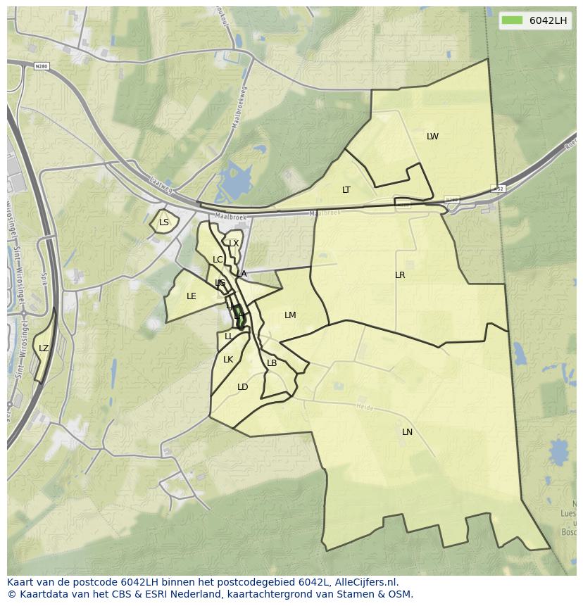 Afbeelding van het postcodegebied 6042 LH op de kaart.