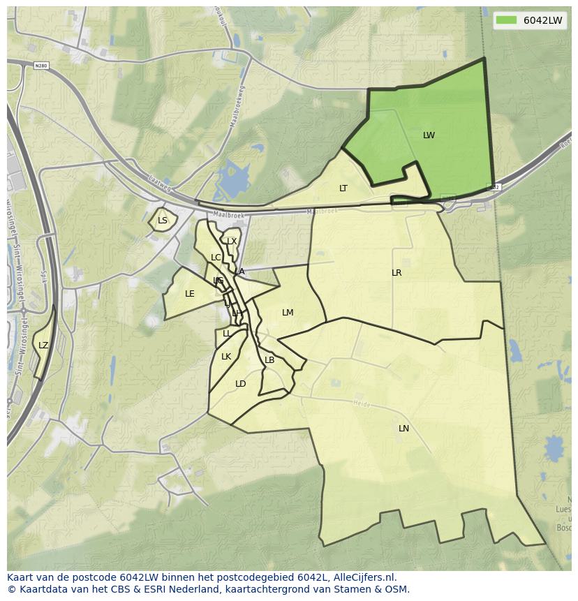 Afbeelding van het postcodegebied 6042 LW op de kaart.