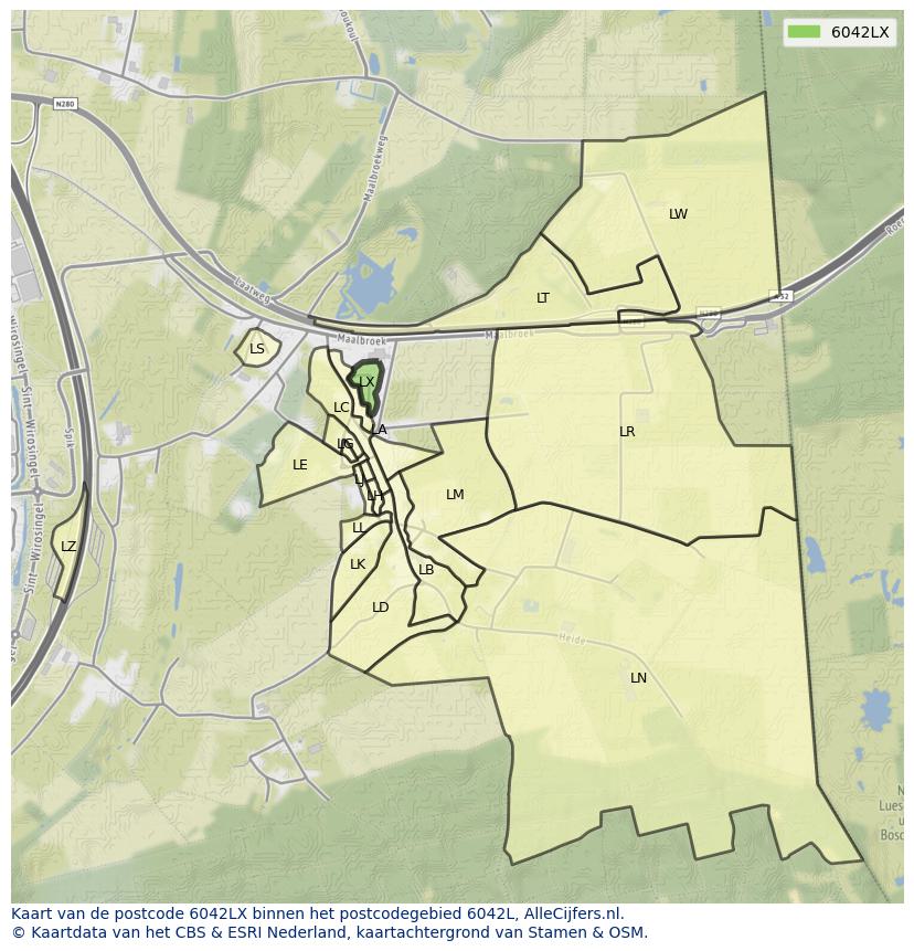 Afbeelding van het postcodegebied 6042 LX op de kaart.