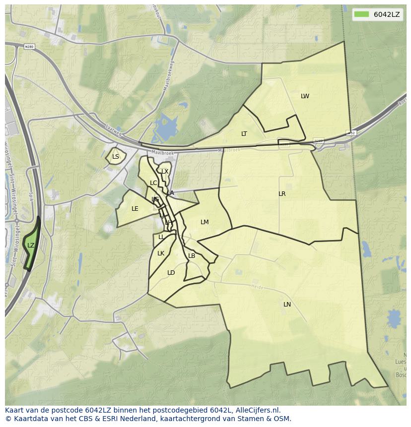 Afbeelding van het postcodegebied 6042 LZ op de kaart.