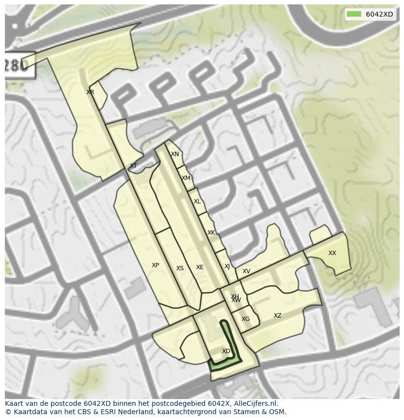 Afbeelding van het postcodegebied 6042 XD op de kaart.