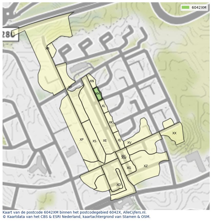 Afbeelding van het postcodegebied 6042 XM op de kaart.
