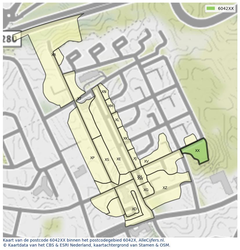 Afbeelding van het postcodegebied 6042 XX op de kaart.