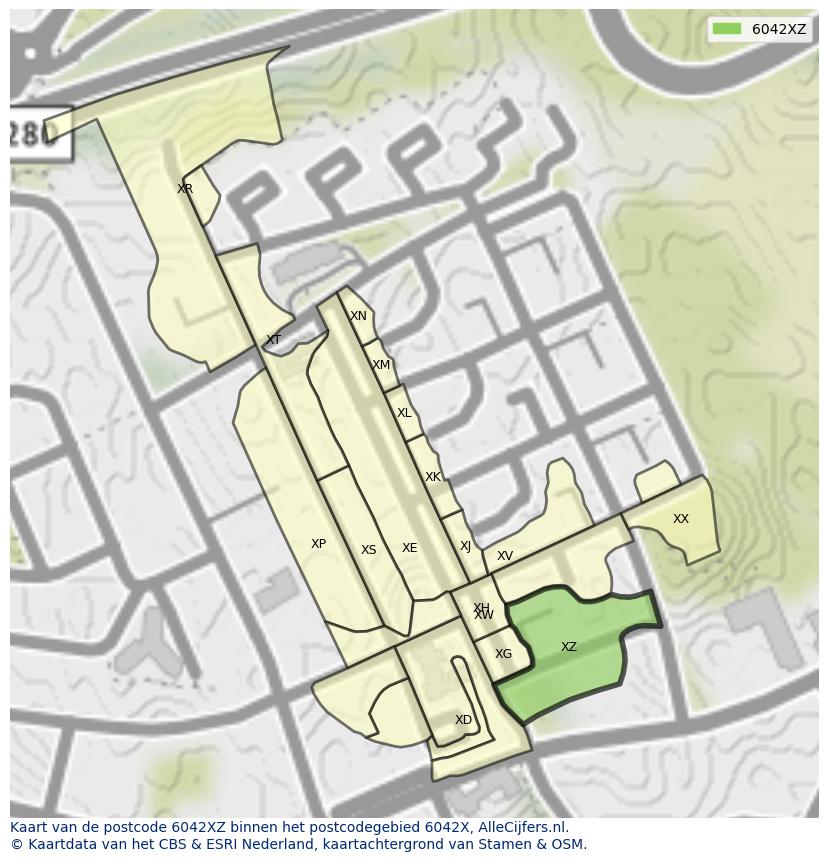 Afbeelding van het postcodegebied 6042 XZ op de kaart.