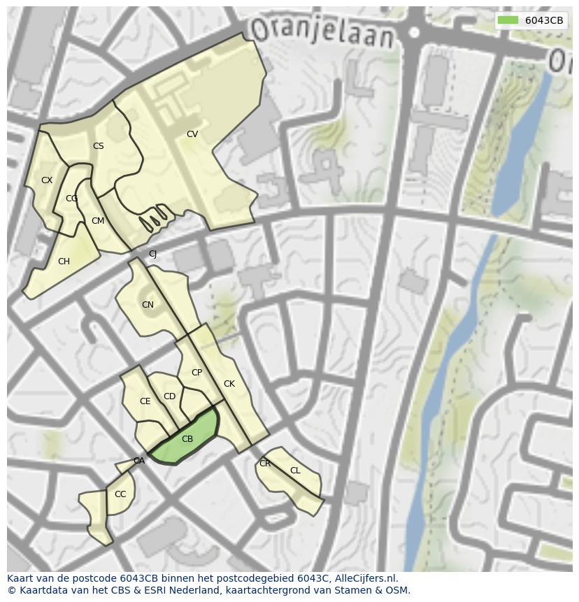 Afbeelding van het postcodegebied 6043 CB op de kaart.