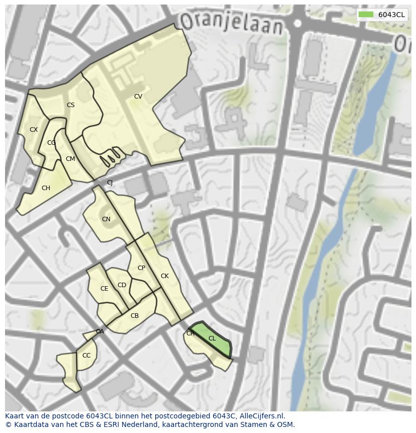 Afbeelding van het postcodegebied 6043 CL op de kaart.