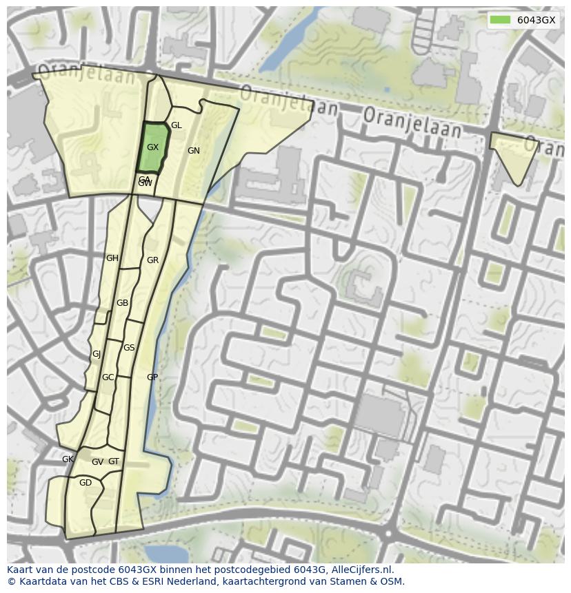 Afbeelding van het postcodegebied 6043 GX op de kaart.
