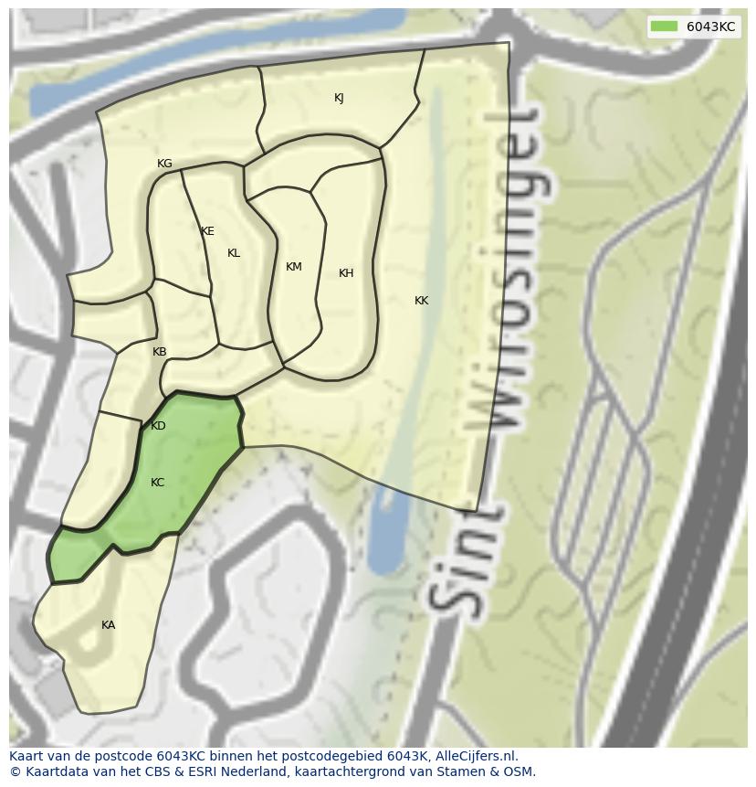 Afbeelding van het postcodegebied 6043 KC op de kaart.