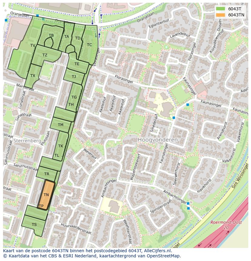 Afbeelding van het postcodegebied 6043 TN op de kaart.