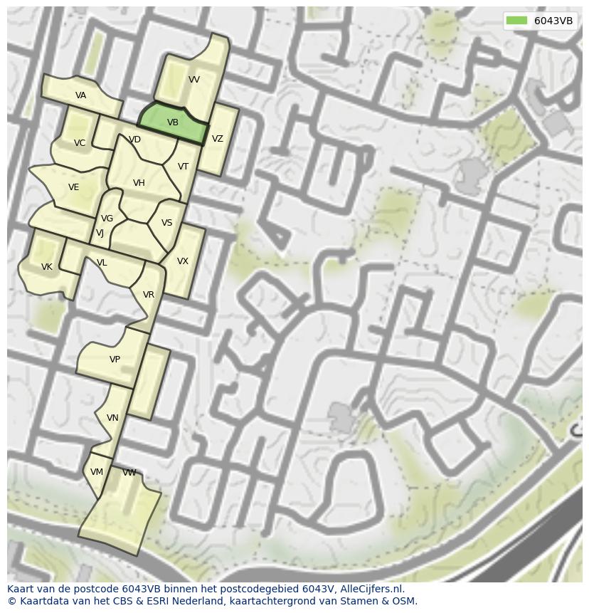 Afbeelding van het postcodegebied 6043 VB op de kaart.