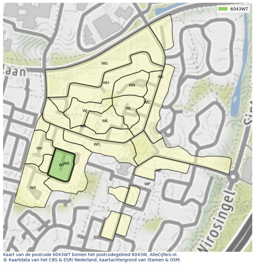 Afbeelding van het postcodegebied 6043 WT op de kaart.