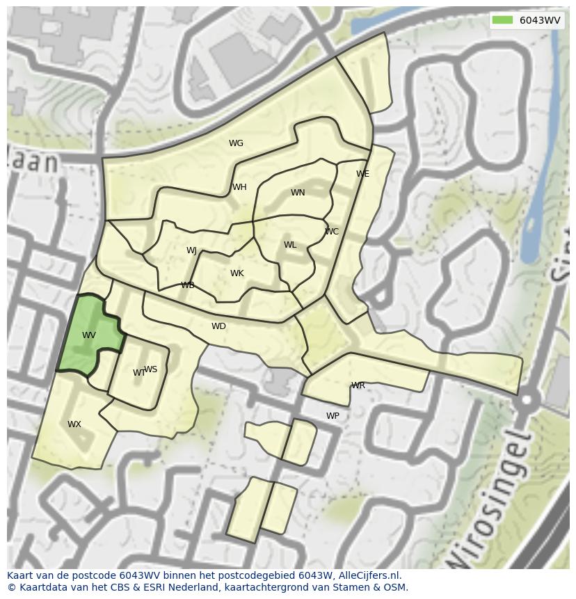 Afbeelding van het postcodegebied 6043 WV op de kaart.