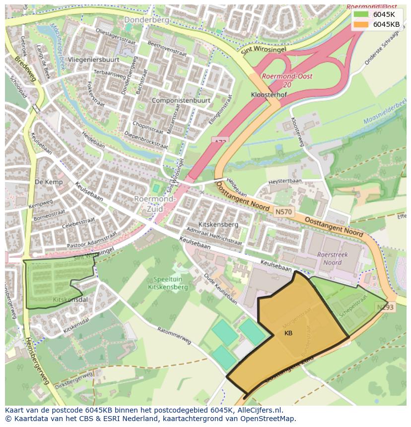 Afbeelding van het postcodegebied 6045 KB op de kaart.