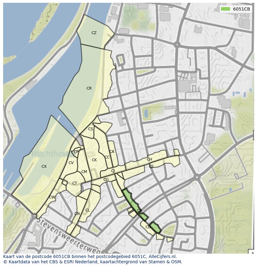 Afbeelding van het postcodegebied 6051 CB op de kaart.