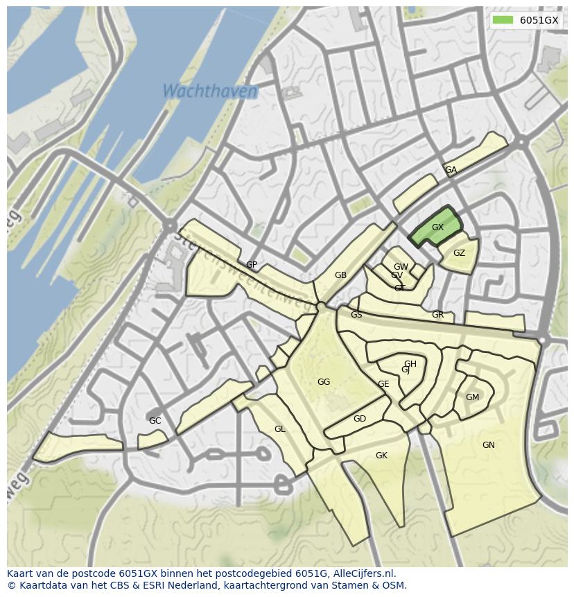 Afbeelding van het postcodegebied 6051 GX op de kaart.